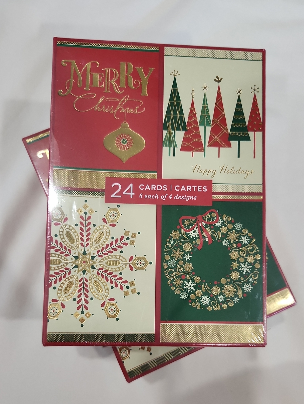 Christmas Card Set - Red, Gold, Cream & Green (Three 24 Packs) 72 Cards